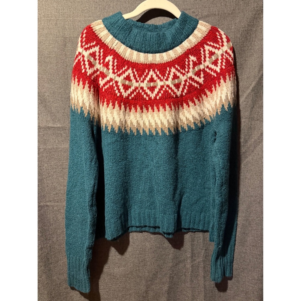 American Eagle Fair Isle Sweater Teal Blue Red Geometric Yoke Pullover Large